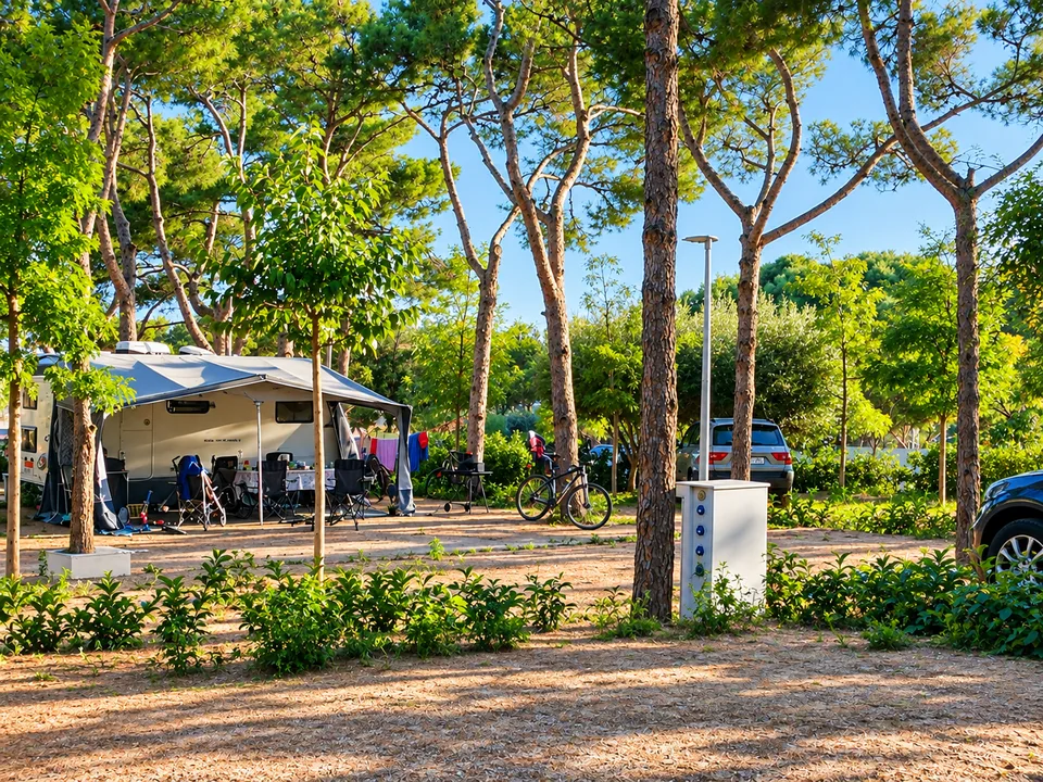 Parcel·la amb caravana a l'ombra dels pins i connexió elèctrica en un càmping familiar de la Costa Brava